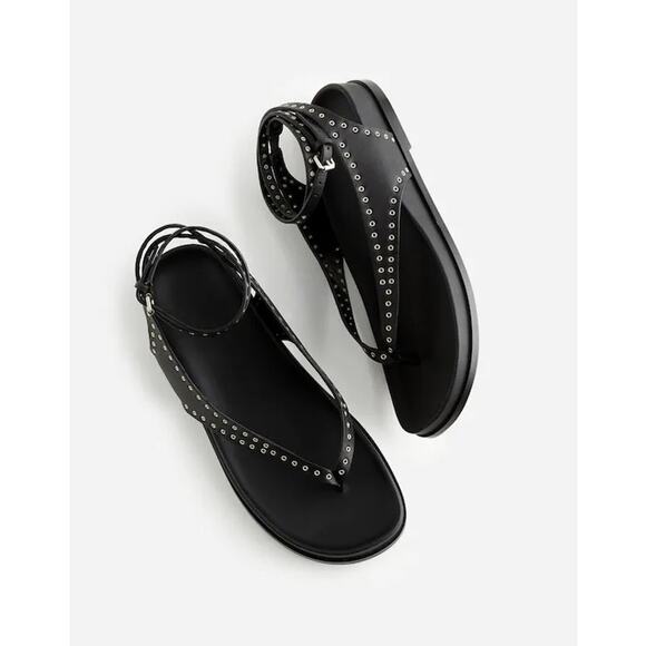 New! Madewell Eleni NV822 Black Grommet Ankle Wrap Thong Sandals Leather 9 NWOB - Picture 2 of 9